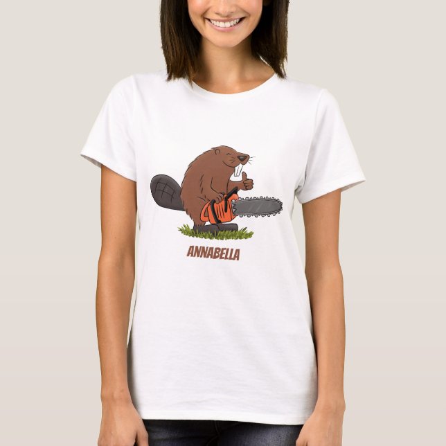 Funny beaver with chainsaw cartoon humor T-Shirt (Front)
