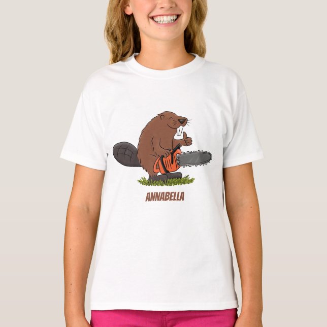 Funny beaver with chainsaw cartoon humor T-Shirt (Front)