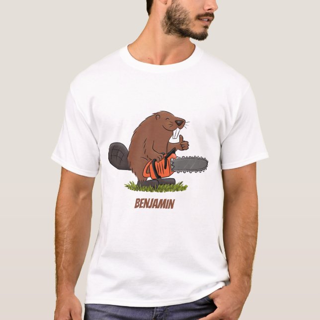 Funny beaver with chainsaw cartoon humor T-Shirt (Front)