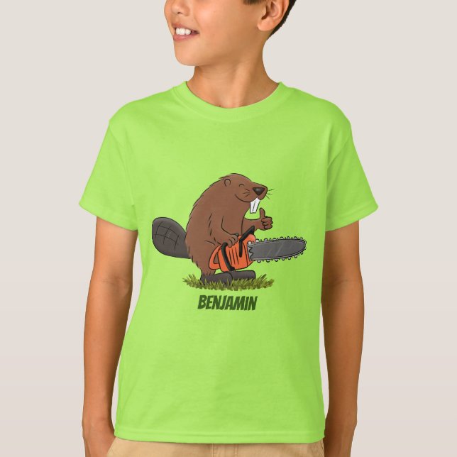 Funny beaver with chainsaw cartoon humor T-Shirt (Front)