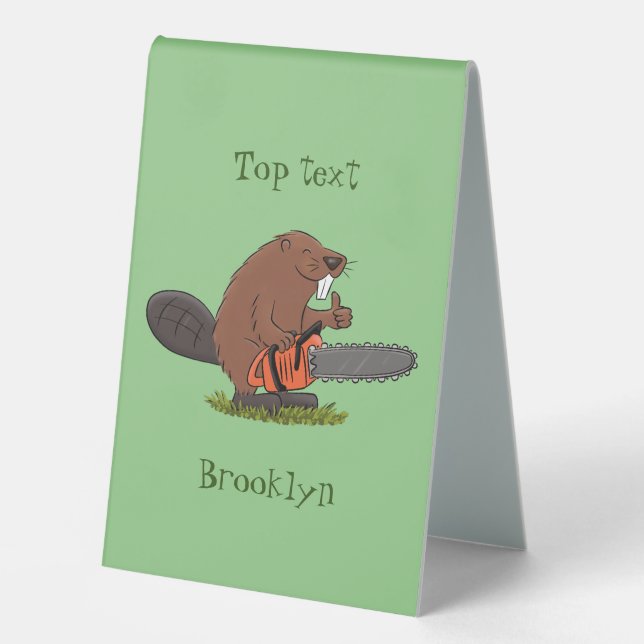 Funny beaver with chainsaw cartoon humor  table tent (Front)