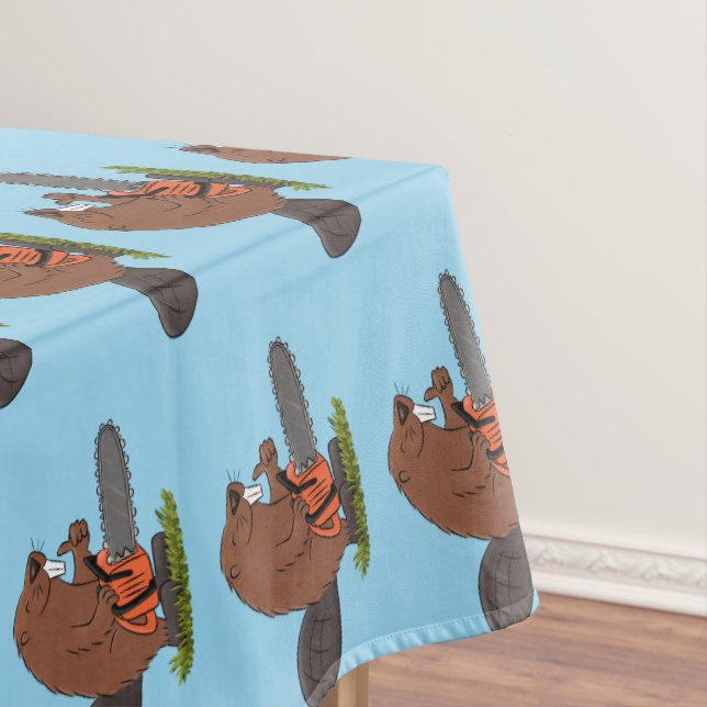 Funny beaver with chainsaw cartoon humor tablecloth (In Situ)