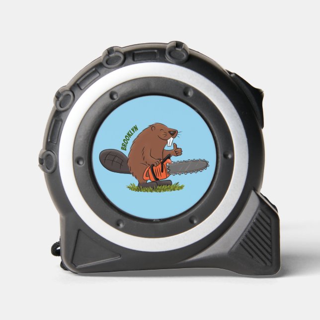 Funny beaver with chainsaw cartoon humor tape measure (Front)