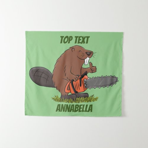 Funny beaver with chainsaw cartoon humor  tapestry