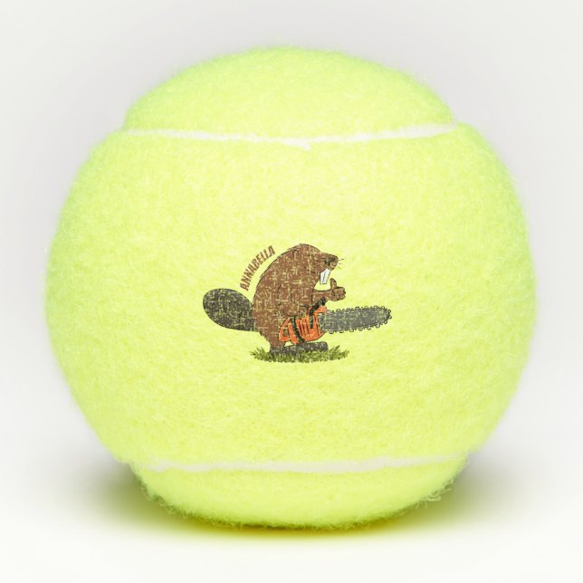 Funny beaver with chainsaw cartoon humor tennis balls (Front)