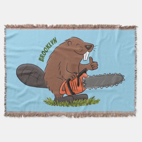 Funny beaver with chainsaw cartoon humor throw blanket