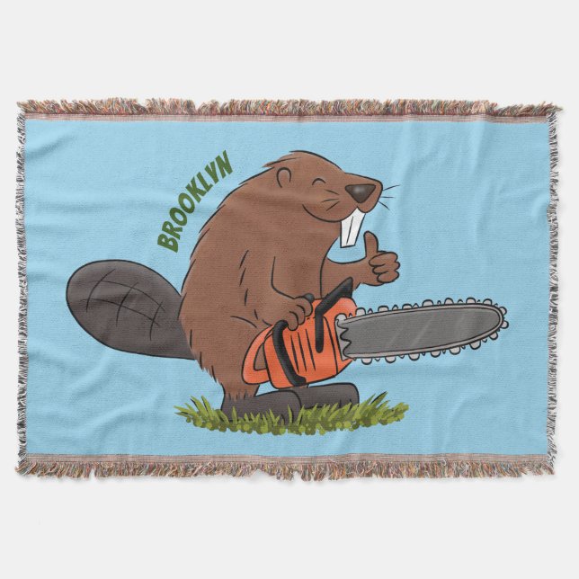 Funny beaver with chainsaw cartoon humor throw blanket (Front)
