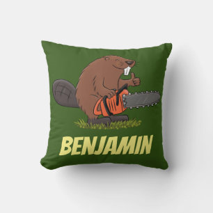 Funny beaver with chainsaw cartoon humor throw pillow
