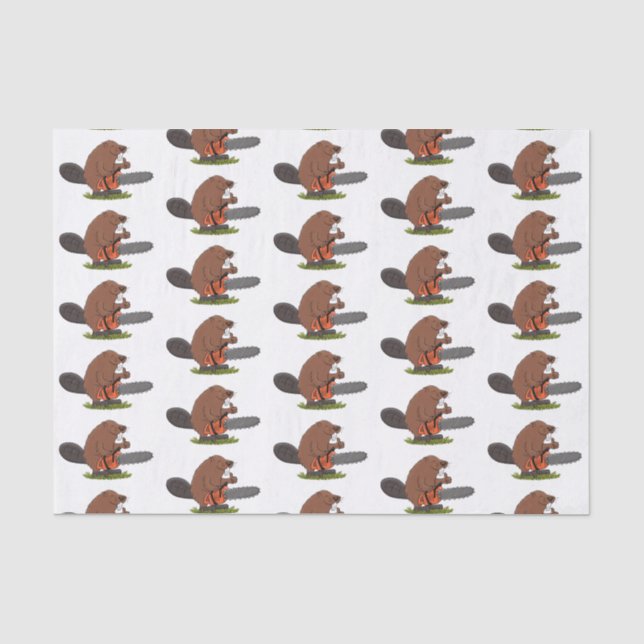 Funny beaver with chainsaw cartoon humor tissue paper (Front)