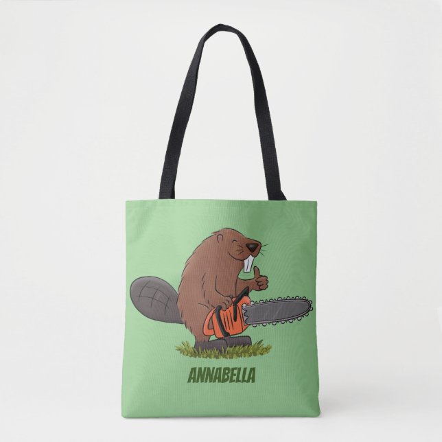 Funny beaver with chainsaw cartoon humor tote bag (Front)