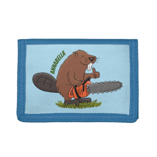 Funny beaver with chainsaw cartoon humor tri-fold wallet