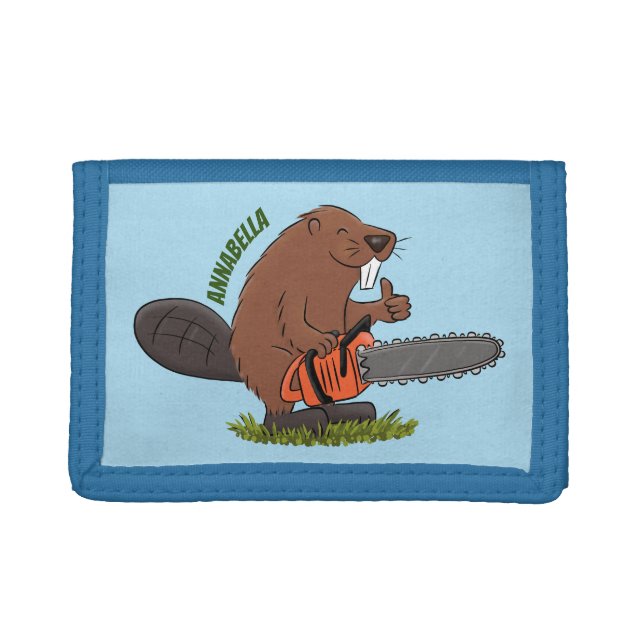Funny beaver with chainsaw cartoon humor trifold wallet (Front)