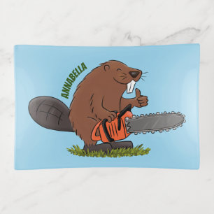 Funny beaver with chainsaw cartoon humor trinket tray