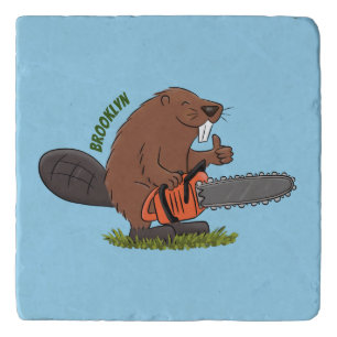 Funny beaver with chainsaw cartoon humor trivet