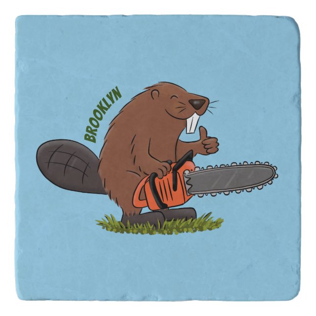 Funny beaver with chainsaw cartoon humor trivet (Front)