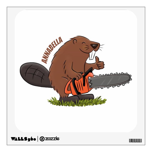 Funny beaver with chainsaw cartoon humor wall decal (Front)