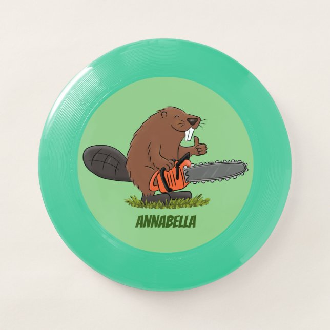 Funny beaver with chainsaw cartoon humor Wham-O frisbee (Front)