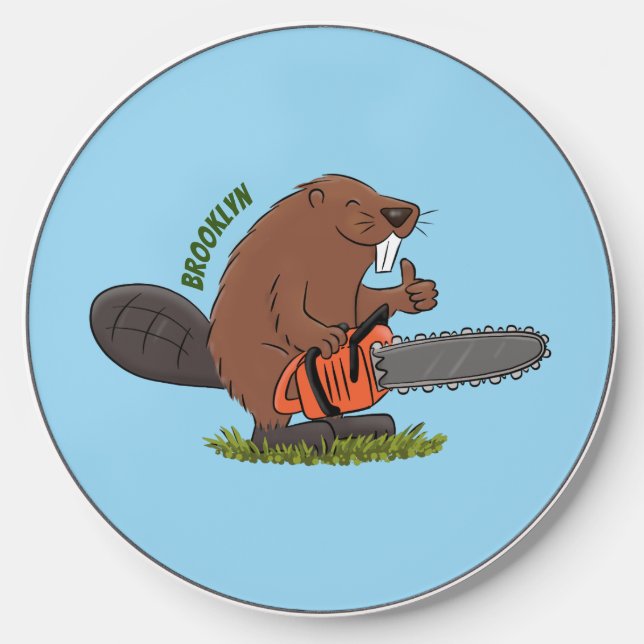 Funny beaver with chainsaw cartoon humor wireless charger  (Front)