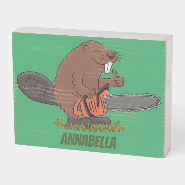 Funny beaver with chainsaw cartoon humor wooden box sign (Angled Horizontal)