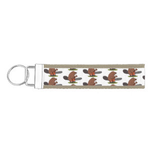 Funny beaver with chainsaw cartoon humor wrist keychain