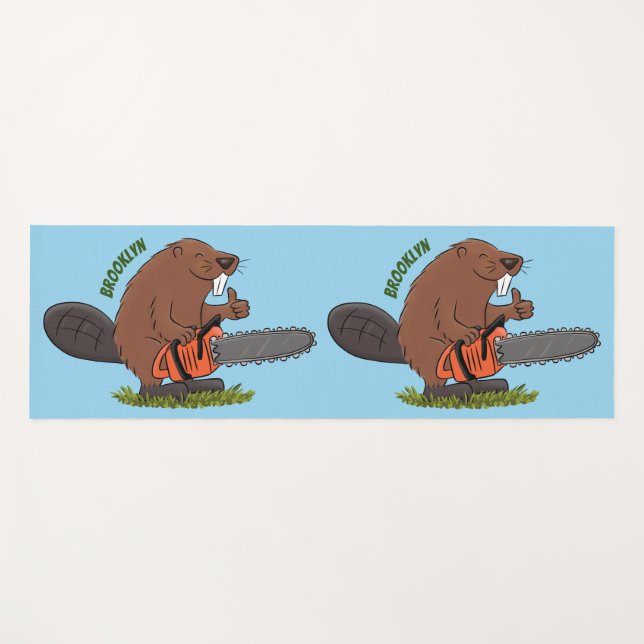 Funny beaver with chainsaw cartoon humor yoga mat (Front (Horizontal))