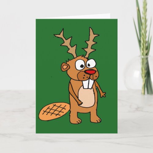 Funny Beaver with Reindeer Antlers Christmas Art Holiday Card