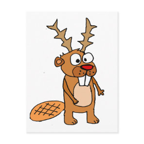 Funny Beaver with Reindeer Antlers Christmas Art Holiday Postcard