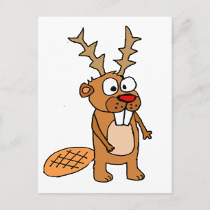 Funny Beaver with Reindeer Antlers Christmas Art Holiday Postcard