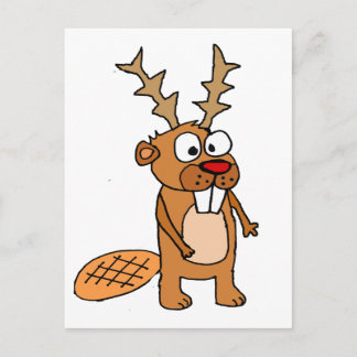 Funny Beaver with Reindeer Antlers Christmas Art Holiday Postcard