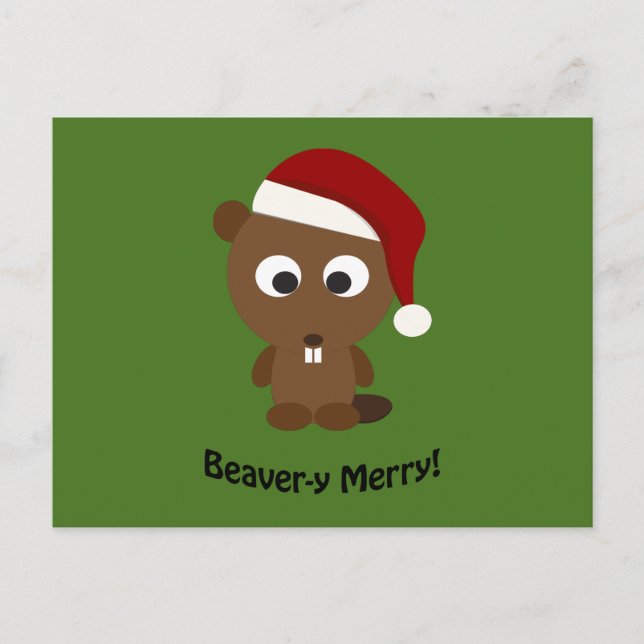 Funny Beaver-y Merry! Santa Beaver Holiday Postcard (Front)