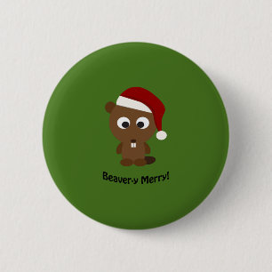 Funny Beaver-y Merry! Santa Beaver Pinback Button