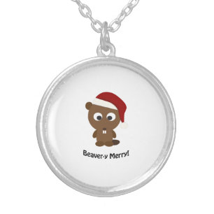 Funny Beaver-y Merry! Santa Beaver Silver Plated Necklace