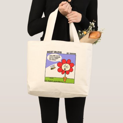 Funny Bee and Big Red Flower Cartoon Art Large Tote Bag