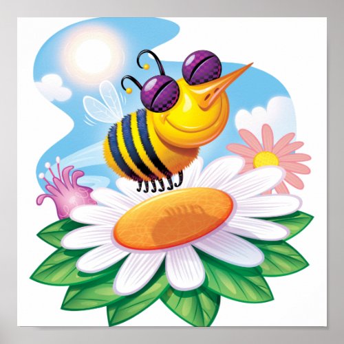 FUnny Bee Cartoon on Daisy Poster