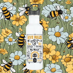 funny bee hive rules word art stainless steel water bottle