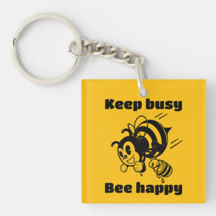 Funny Bee Keep Busy Bee Happy Motivational Cartoon Keychain