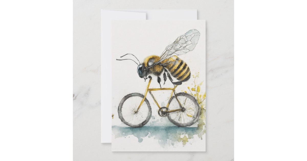 Funny bee riding a bicycle watercolor drawing, bee announcement | Zazzle