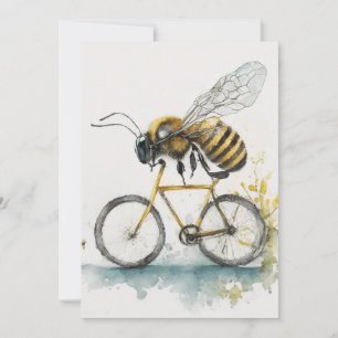 Funny bee riding a bicycle watercolor drawing, bee announcement