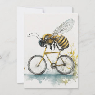 Funny bee riding a bicycle watercolor drawing, bee holiday card