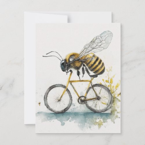 Funny bee riding a bicycle watercolor drawing bee note card