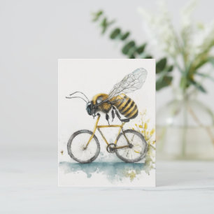 Funny bee riding a bicycle watercolor drawing, bee postcard
