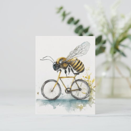 Funny bee riding a bicycle watercolor drawing bee postcard