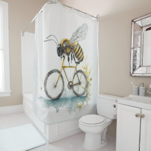 Funny bee riding a bicycle watercolor drawing, bee shower curtain