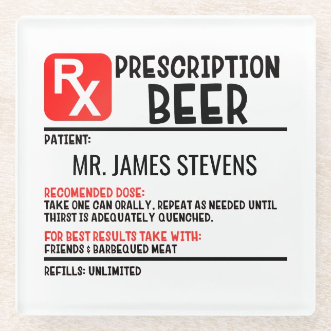 Funny Beer Prescription Script Personalized Name Glass Coaster (Front)