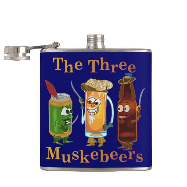 Funny Beer Pun Three Muskebeers Humorous Hip Flask (Opened)