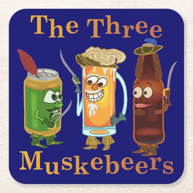 Funny Beer Pun Three Muskebeers Humorous Square Paper Coaster (Front)