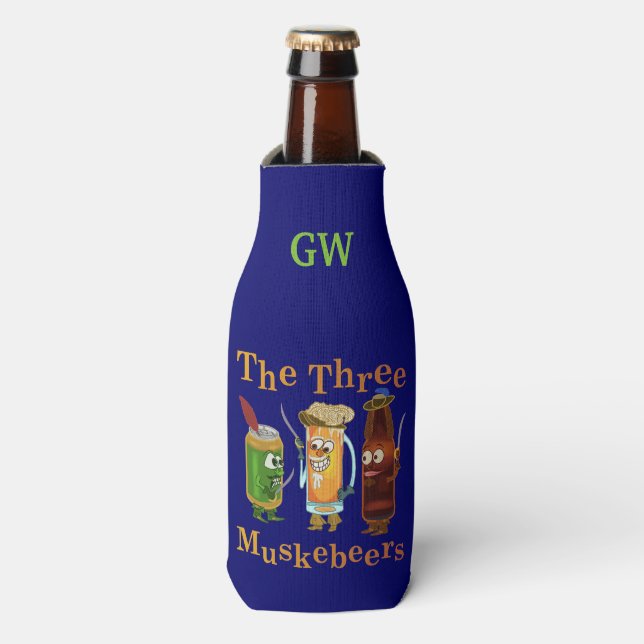 Funny Beer Pun Three Muskebeers with Monogram Bottle Cooler (Bottle Front)