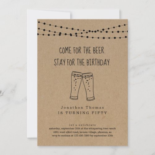 Funny Beer Theme Birthday Invitation - Come for the beer. Stay for the birthday.  Funny invitation wording for a fun party.  The beer toast artwork is hand-drawn on a wonderfully rustic kraft background.

Coordinating RSVP, Details, Registry, Thank You cards and other items are available in the 'Rustic Brewery Line Art' Collection within my store.