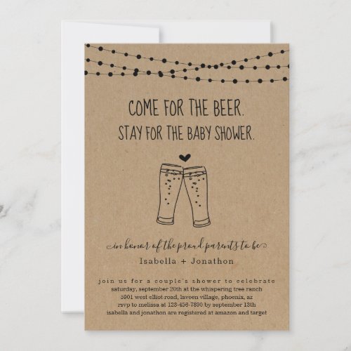 Funny Beer Theme Couple's Baby Shower Invitation - Come for the beer. Stay for the baby shower.  Funny invitation wording for a fun shower.  The beer toast artwork is hand-drawn on a wonderfully rustic kraft background.

Coordinating RSVP, Details, Registry, Thank You cards and other items are available in the 'Rustic Brewery Line Art' Collection within my store.