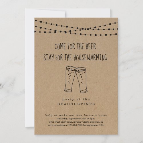 Funny Beer Theme Housewarming Invitation - Come for the beer. Stay for the housewarming.  Funny invitation wording for a fun party.  The beer toast artwork is hand-drawn on a wonderfully rustic kraft background.

Coordinating RSVP, Details, Registry, Thank You cards and other items are available in the 'Rustic Brewery Line Art' Collection within my store.